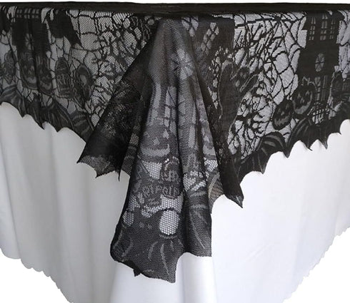 Halloween Tablecloth - Gothic Black Lace Spider Web Table Cover for Masquerade, Dinner Party, 53x68 Inches
