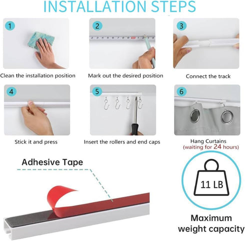 Self Adhesive Ceiling or Wall Curtain Track, No Drill Curtain Rod, No Damage Hangers for Windows, Closet, Bathroom