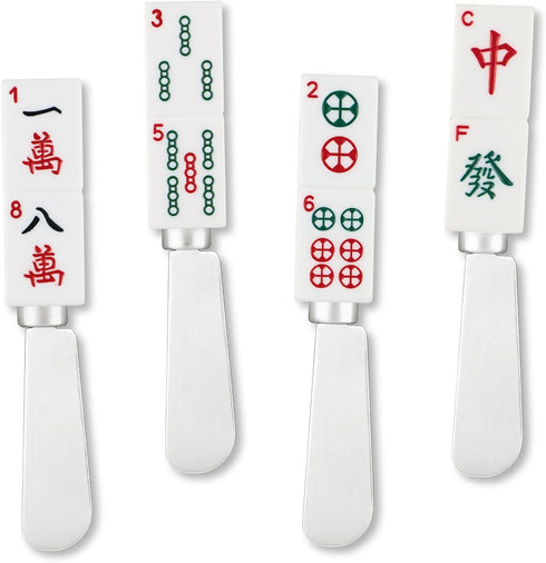 Mahjong Tile Cheese Spreaders - Hand-Painted Resin Handles with Stainless Steel Blades, Set of 4 Assorted Designs