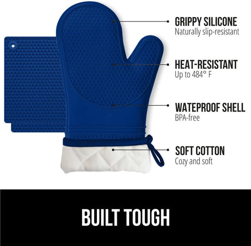 Gorilla Grip Heat and Slip Resistant 4 Piece Silicone Oven Mitt and Trivets Set, Blue