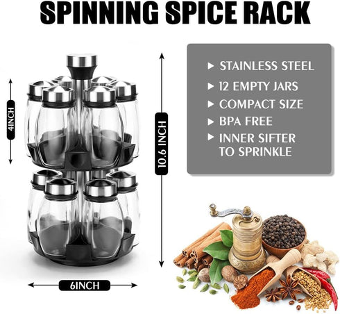 Kylinbigda Countertop, 12 Revolving Spice Rack Organizer Spinning Spice Storage Rack Tower Organizer with Empty Jars