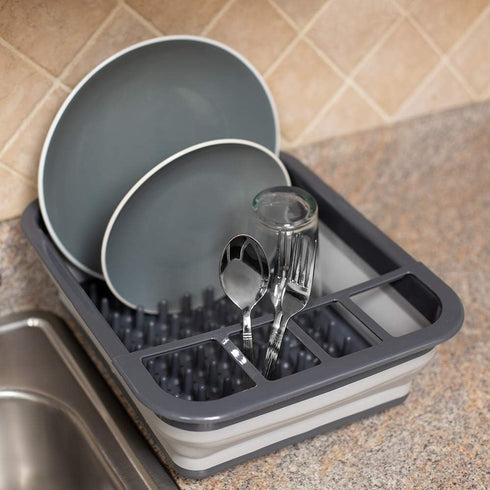 Home Basics Grey Silicone and Plastic Easy Storage Collapsible Dish Rack with Cutlery Holder