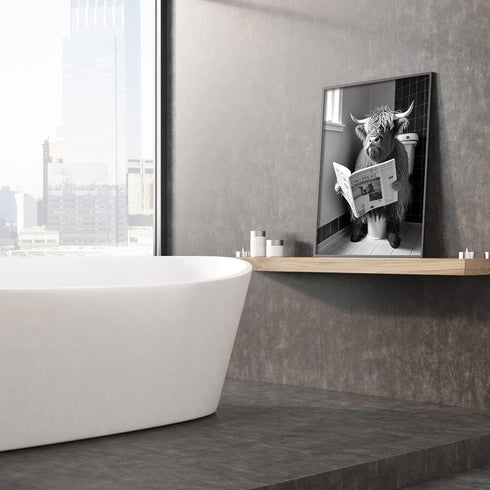KOEUIRW Funny Highland Cow Bathroom Canvas Wall Art, Black and White Longhorns Poster for Bathroom Decor