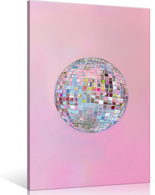 Generic Trendy Soft Pink Disco Ball Canvas Wall Art Funky Girl Silver Mirrorball
