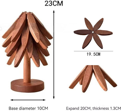 Heaocv Walnut Tree Table Mat,Wooden Table Mat Tree,Foldable Trivets for Hot Dishes,Non-Slip Heat Insulated Folding Wood