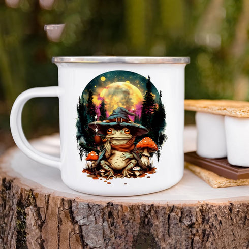 Wizard Frog Enamel Camp Mug, Celestial Nature Outdoor Camping Coffee Cup, Mystical Moon Stars, 12oz Goblinecore Gifts