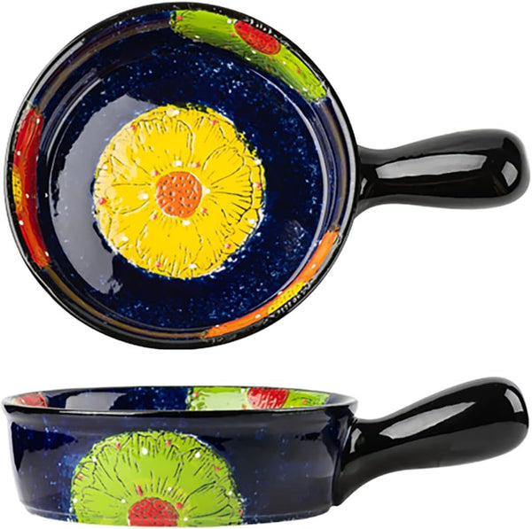 Vintage Style Pottery Bakeware, Colorful Daisy Pattern Ceramic Casserole Dish, 20 OZ, Baking Dish with Handles