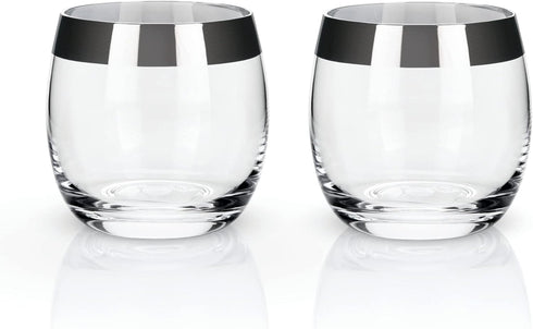 Viski Irving Chrome Rim Crystal Lowball Tumblers - Set of 2, 9 oz Gold Rimmed Cocktail Glass Gift Set