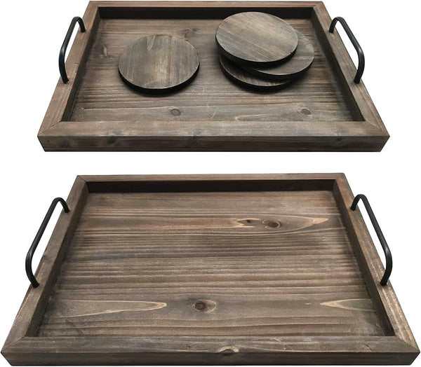Rustic Vintage Food Wooden Serving Trays with Metal Handle-Set of 2-Decorative Nesting