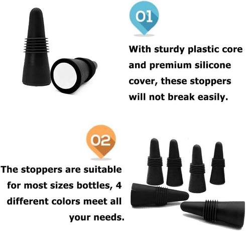 ANIN 8 Pcs Reusable Wine Stoppers, Silicone Beverage Bottle Sealer with Grip Top, Black