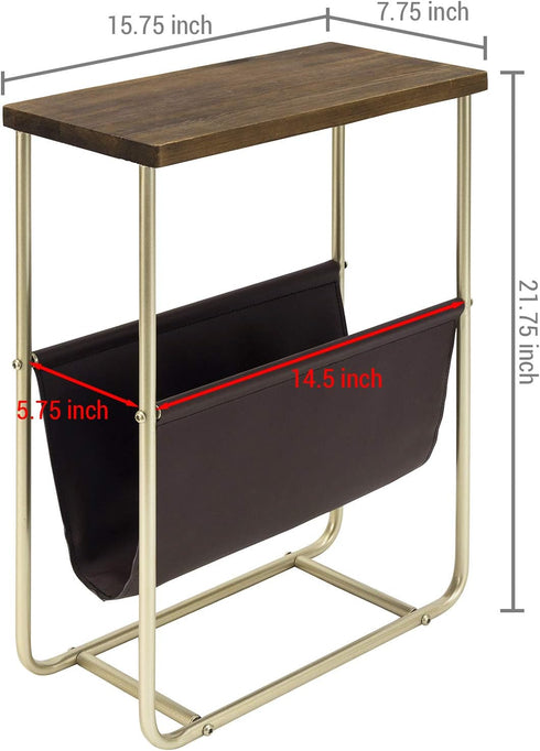 MyGift Living Room Side Table, Dark Brown Burnt Wood End Table and Brass Tone Metal Frame with Leatherette Magazine