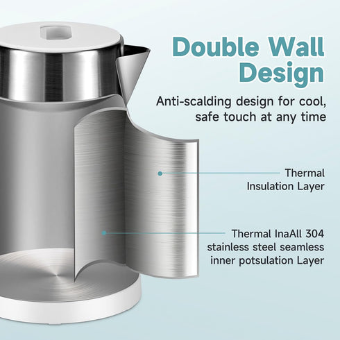 Portable Small Electric Kettle, 0.8L Stainless Steel Travel Hot Water Boiler, 4 Cups for Tea and Coffee, White