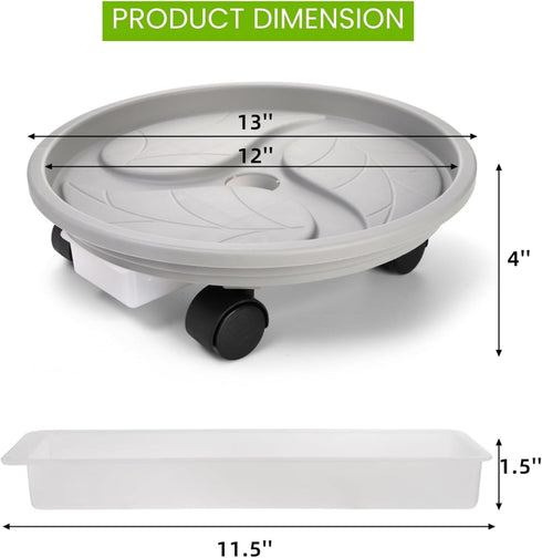 3 Pack 12 Inch Plant Caddy with Wheels, Heavy Duty Planter Pallet with Drainage Tray, Round Planter Pot Stand Dolly
