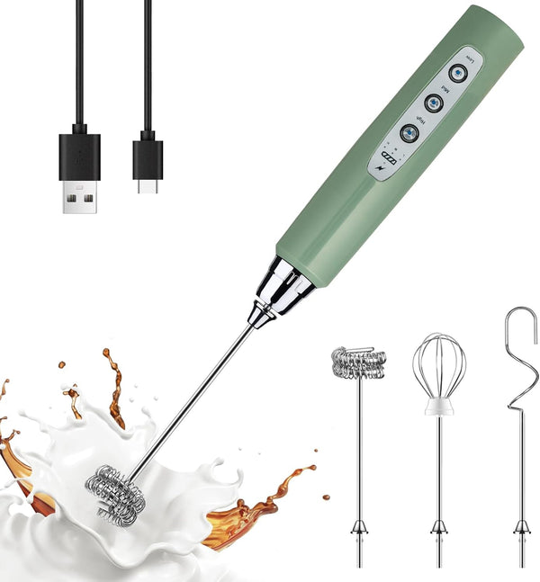 YUSWKO Granite Green Handheld Milk Frother Wand for Coffee, Rechargeable Electric Whisk with 3 Heads and 3 Speeds for