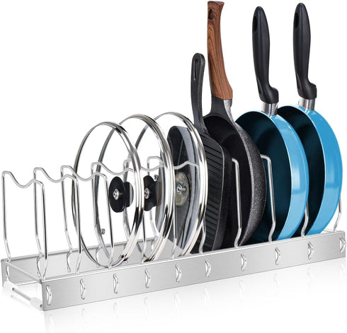 Adjustable Pot and Pan Organizer, Heavy Duty Lid Organizer for Kitchen Storage with 10 Compartments