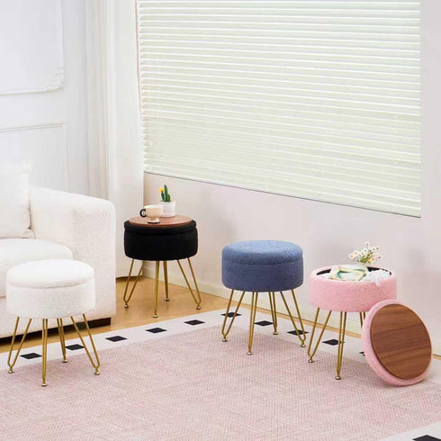 Wimarsbon Storage Ottoman,Teddy Velvet Vanity Stool,Soft Padded Seat,Round Footrest with Removable Cover and Adjustable