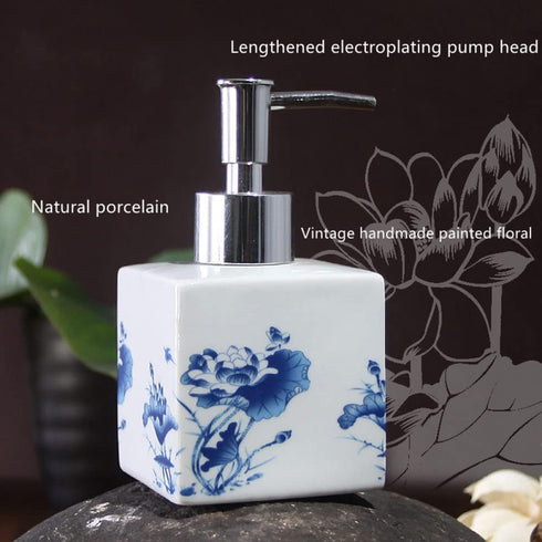 Lotion Soap Dispenser, Ceramic Lotion Soap Dispenser with Pump for Bathroom and Kitchen, Vintage Blue