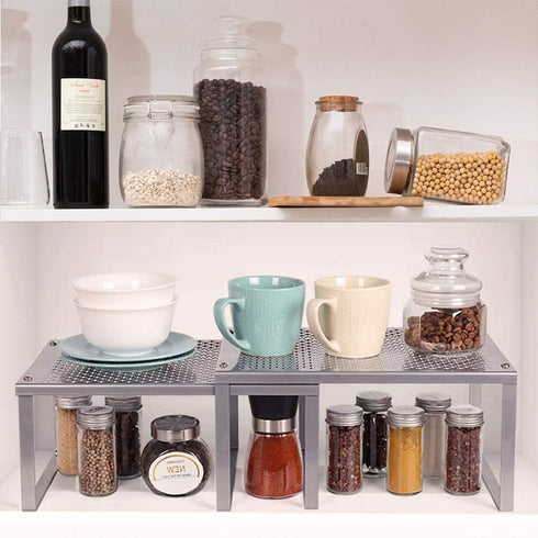 NEX Kitchen Shelf Organizer - Set of 2 Cabinet Shelf Organizer Spice Rack, Stackable Metal, Silver