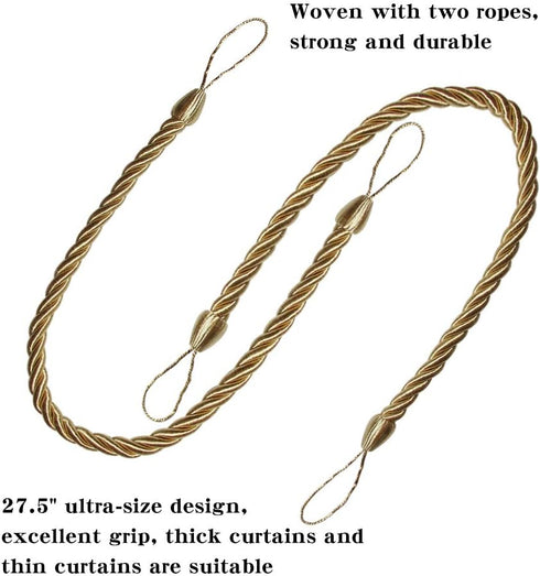 BEL AVENIR Curtain Tiebacks, Handmade Holdbacks with 2 Metal Screw Hooks - Golden (2 Pack)