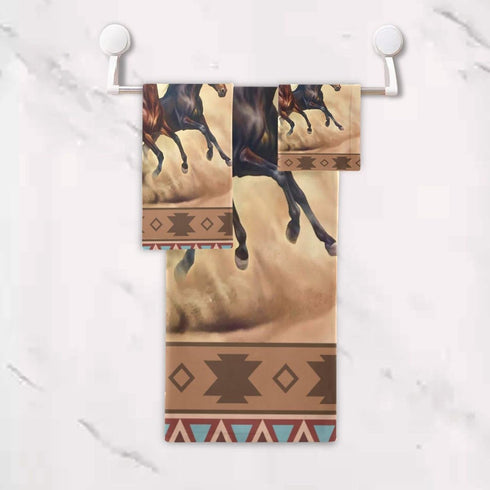PATINISA Set 3,Azetc Set 1 Towel,1 Towel,1 Boho Bath Towels of Ethnic Style Western Horse,Decoractive Bathroom Towels