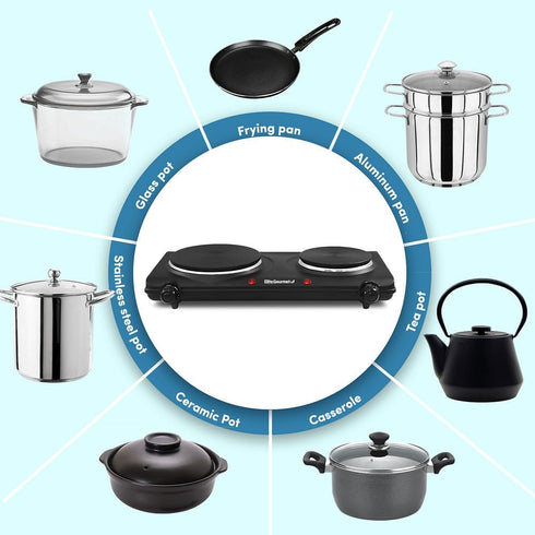 Elite Gourmet EDB-302BF# Electric Hot Plate, Countertop Double Cast Iron Burner, 1500 Watts, Black