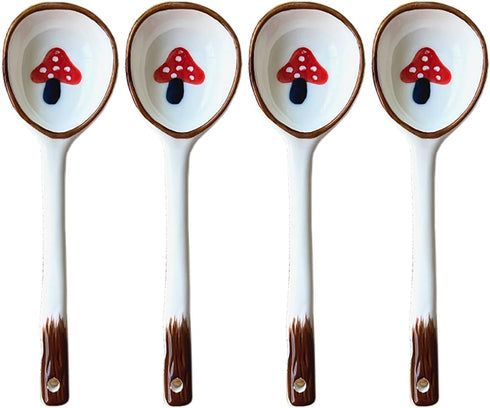Vintage Ceramic Ramen Soup Spoons, 4 PCS Asian Tablespoon for Rice Noodles, Dessert, and Gravy - Mushroom (6.6 Inch)