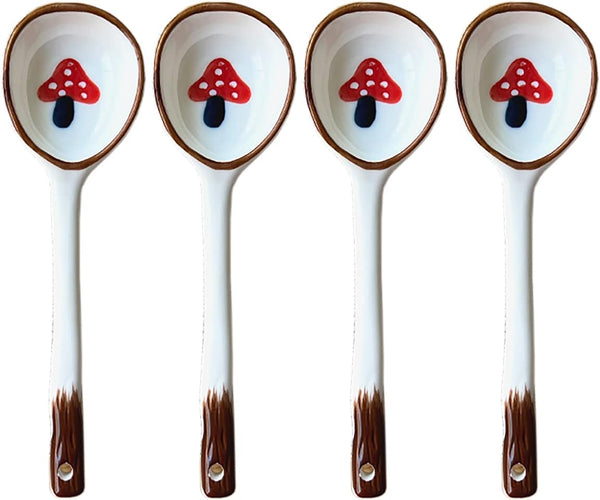 Vintage Ceramic Ramen Soup Spoons, 4 PCS Asian Tablespoon for Rice Noodles, Dessert, and Gravy - Mushroom (6.6 Inch)