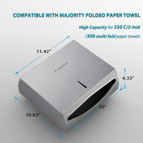 Commercial 300 Fold/280 SUS304 Paper Towel Dispenser Wall Mount: Large Capacity Paper Towel Holder for Bathroom