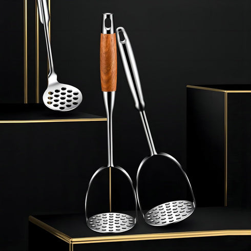 REDANT 13.5" Commercial Stainless Steel Potato Masher with Wooden Handle - Heavy Duty Metal Masher for Mashed Potatoes