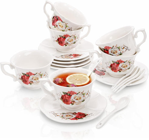 Set 6, 6 oz Set, Foraineam Tea Cup and Saucer of Porcelain Ivory Rose Tea Cups with Saucers and Spoons, Floral Coffee