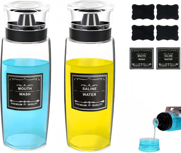Suaetiai 2 Pack Glass Mouthwash Dispenser, Leakproof Mouth Wash Container Bottle with Cup