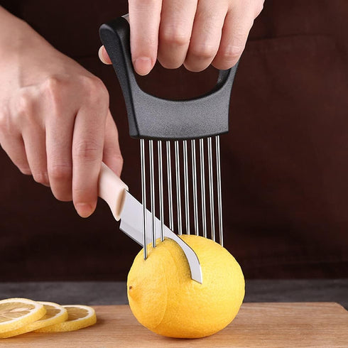Onion Cut Tomato Slicer, Handy Kitchen Slicing Tool with 10 Even Prongs for Onion Lemon Potato Tomato Slices (Black)