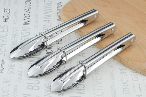 Mini Stainless Steel Food Tongs with Sliding Rings 7-Inch, Set of 6 Small Clam Shell Service Tongs for Appetizers,