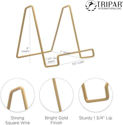 TRIPAR Square Metal Wire Stand, Gold Finish (2 Pack, 6-Inch Depth) - Tabletop Display for Cookbooks, Plates, Photos