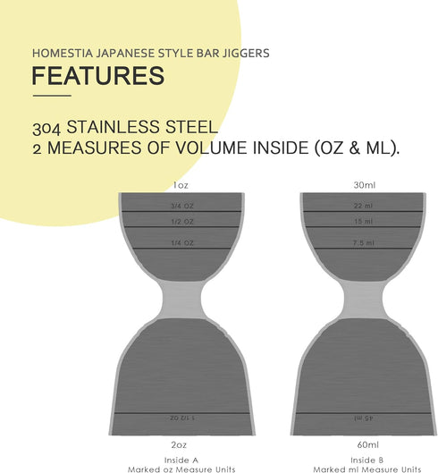 Homestia Double Cocktail Jigger - 2 OZ 1 OZ, 304 Stainless Steel Bartending Jigger with Measurement Units Inside