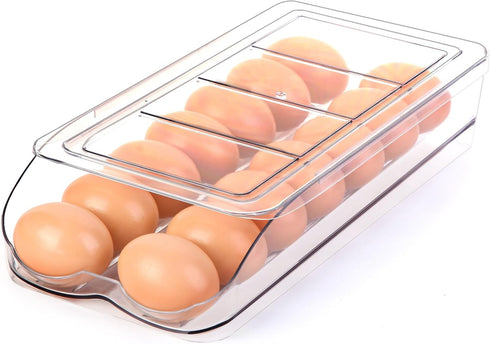 Automatic Rolling Egg Holder for Fridge, Stackable Container with Lid, Clear Plastic Egg Dispenser, Bin & Tray (1 Tier)