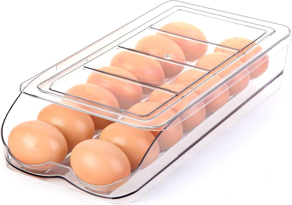 Automatic Rolling Egg Holder for Fridge, Stackable Container with Lid, Clear Plastic Egg Dispenser, Bin & Tray (1 Tier)