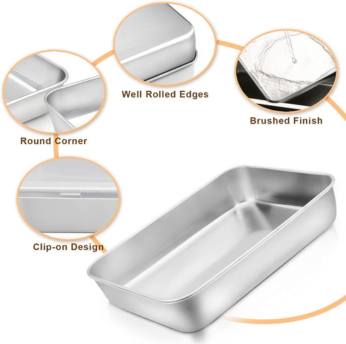 E-far Small Baking Pan with Lid, 9.4”x 7” x 2” Stainless Steel Rectangle Sheet Cake Pans for Toaster Oven, Metal Covered Bakeware for Cakes Brownies Casseroles, Non-toxic & Dishwasher Safe - Set of 2 by E-far