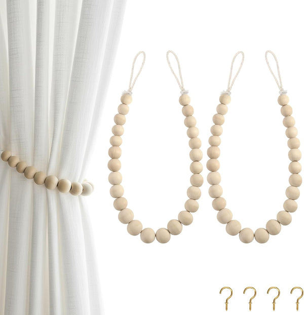 Hion 2 Pcs Boho Curtain Tiebacks,Wood Beads Curtain Holdbacks,Outdoor Farmhouse Tie Backs
