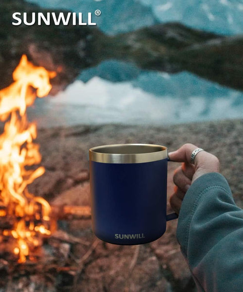 SUNWILL Insulated Coffee Mug with Lid, 14oz Travel Tumbler with Handle, Stainless Steel Cup for Camping, Navy Blue
