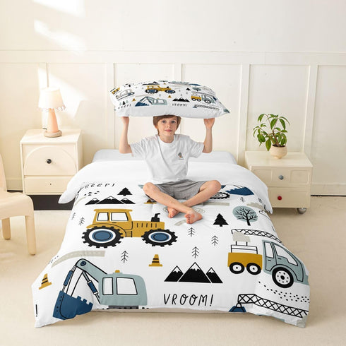 Set Set Set 2Pcs Feelyou Cartoon Car Kids Bedding Construction Bedding Duvet Cover Boys Decor Equipment Trucks