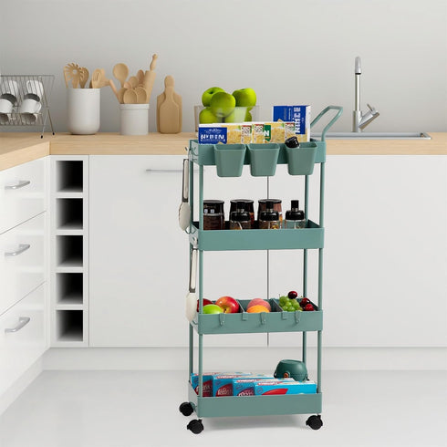 4 danpinera Slim Storage Cart on Wheels, Tier Narrow Laundry Cart with Hooks Hanging Cups Dividers Mobile Rolling Lash