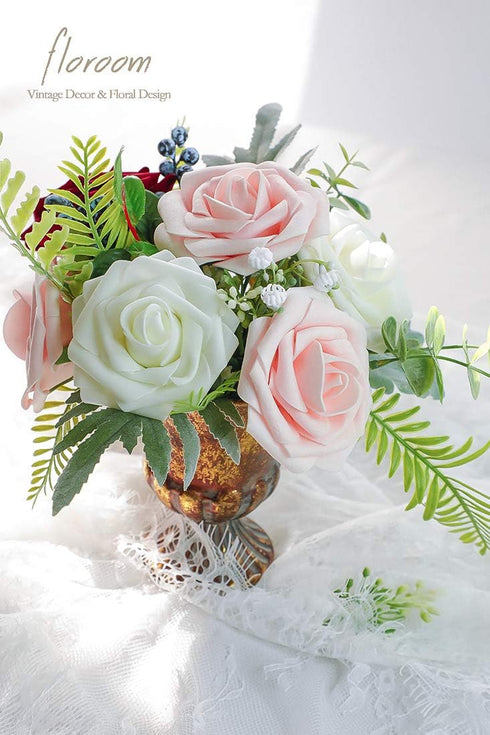 Floroom Artificial Flowers 50pcs Real Looking Blush Foam Fake Roses with Stems for DIY Wedding Bouquets