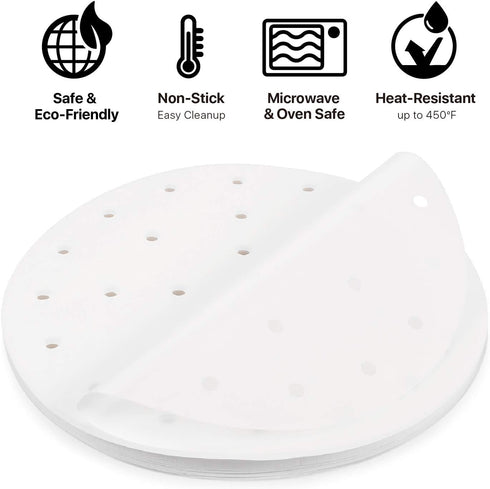 Flexzion 7.5 Inch Perforated Parchment Paper For Air Fryer Liners Round Unbleached 200 Sheets 3.5 3.7 QT AirFryer, Bamboo Steamer Basket, Baking Paper, Microwave, Oven Non-Stick Cooking
