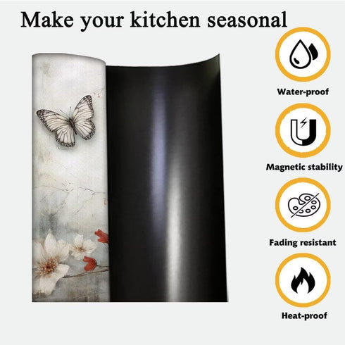 Rustic Farmhouse Magnetic Dishwasher Cover, White and Red Flowers Vinyl Decal, 23Wx26H Inches