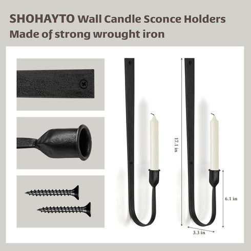 SHOHAYTO Set 2, Black Wall Candle Holder of Metal Wall Mount Candle Sconces Holder, Modern Wall Decoration for Living