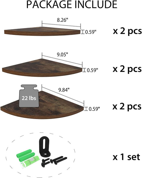 6 Pack HORLIMER Wall Mount Floating Corner Shelf, Rustic Wood Corner Wall Shelves for Bedroom, Living Room, Bathroom