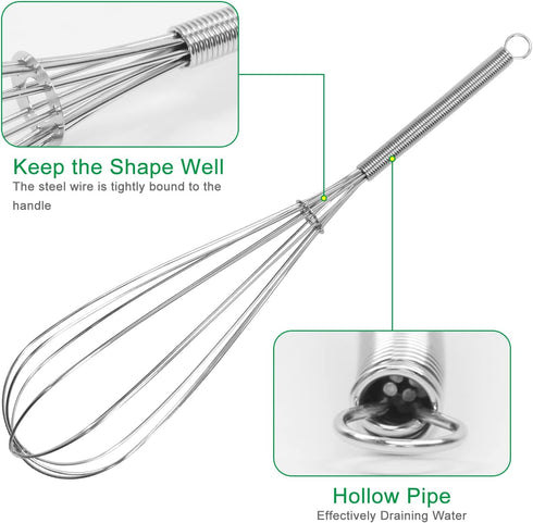 Stainless Steel Whisk Set - 8", 10", 12" Thin Handle Balloon Wire Whisks for Cooking, Baking, Mixing, Beating