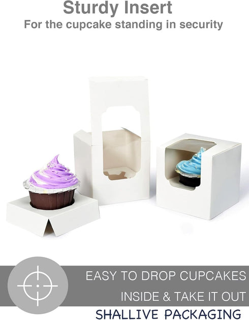 Individual White Cupcake Boxes with Window and Inserts, 15 Count Pre-Assembled Auto-Popup for Wedding Baby Shower