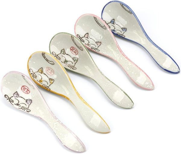 5 pcs Ceramics Japanese Fortune Cat Hand Painted Soup Spoons